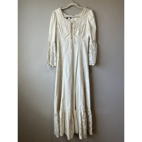 VTG GUNNE BOHO PRAIRIE Renaissance Crochet IVORY LACE UP FLORAL DRESS 9 Hippie - Picture 1 of 10